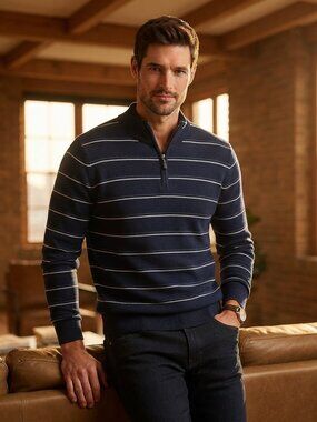 Line 48 Men L 1/4 Zip Mock Neck Sweater Navy Blue White Striped Preppy Pullover